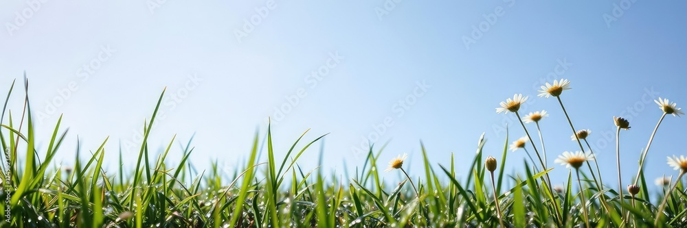 Spring morning dew-covered grass and delicate wildflowers against a clear blue sky, spring background, serene, scenery Spring morning dew-covered grass and delicate wildflowers against a clear blue sky, spring background, serene, scenery