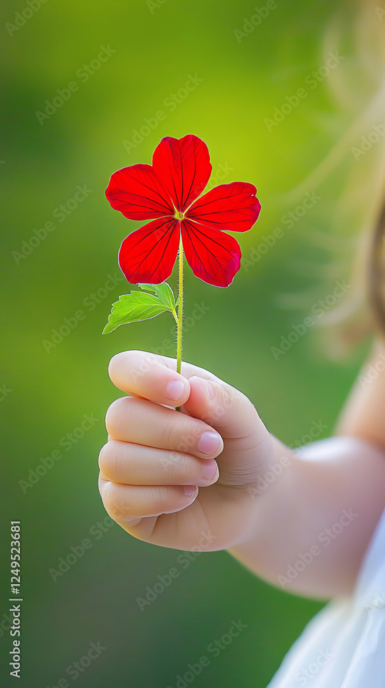 Young Caucasian Girl Holding Red Flower in Sunlit Garden. Concept of Childhood Innocence, Nature Appreciation, Outdoor Exploration, Flower Admiration. Vertical Young Caucasian Girl Holding Red Flower in Sunlit Garden. Concept of Childhood Innocence, Nature Appreciation, Outdoor Exploration, Flower Admiration. Vertical