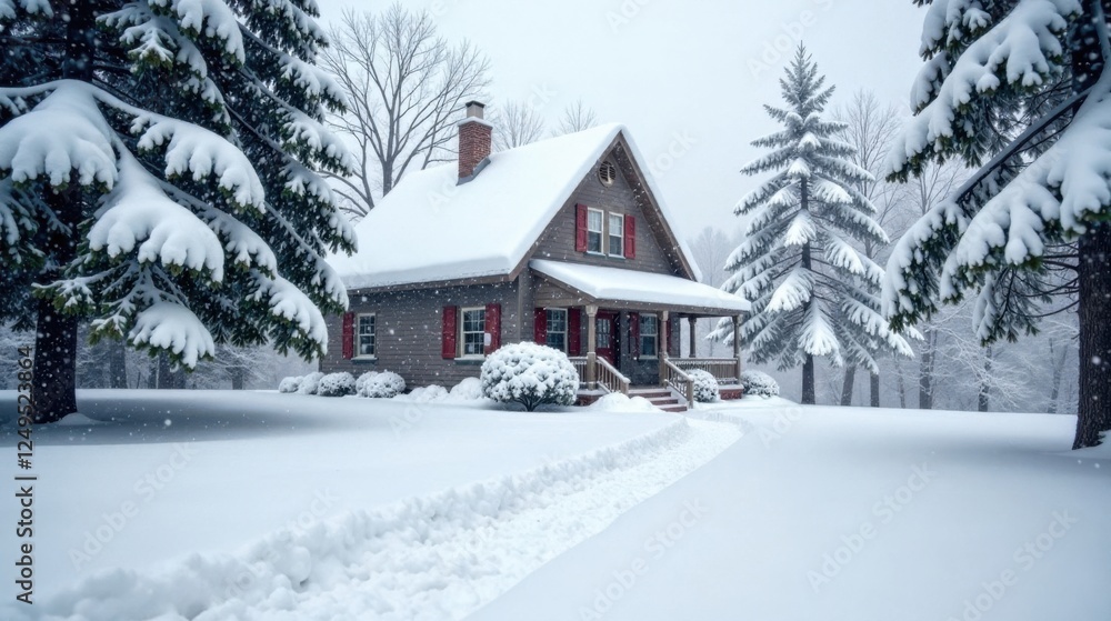 Naklejka premium A charming gray house nestled amongst snow-laden evergreen trees, a pristine walkway leading to its inviting entrance, a picturesque winter scene.