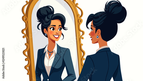 Self pride, self-acceptance, positive self-image and confidence concept vector illustration. Business woman looking in a mirror. Esteem, positive self-perception, social role, individual psychology.