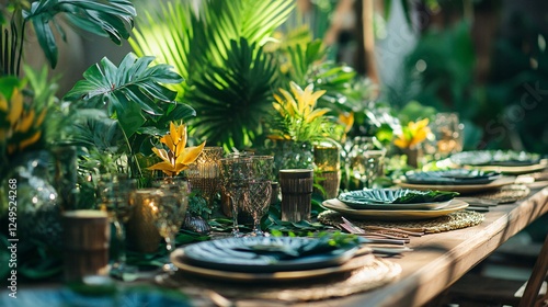 Lush Tropical Table Setting Outdoor Wedding or Party Decor