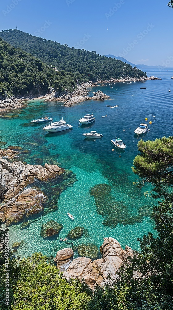 Fototapeta premium Coastal view, yachts, turquoise water, lush hills. Use for tourism, travel, vacation