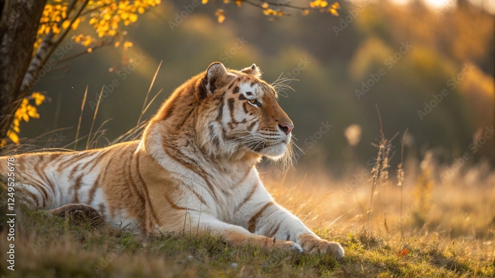 Fototapeta premium An ultra detailed 16K resolution photograph of a Golden Tiger resting in a sun dappled glade AI Generative