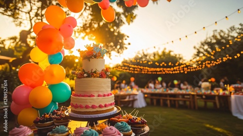 Festive Outdoor Birthday Party with Delicious Cake and Balloons at Sunset