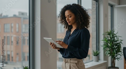 a cute girl holding in his hand tab