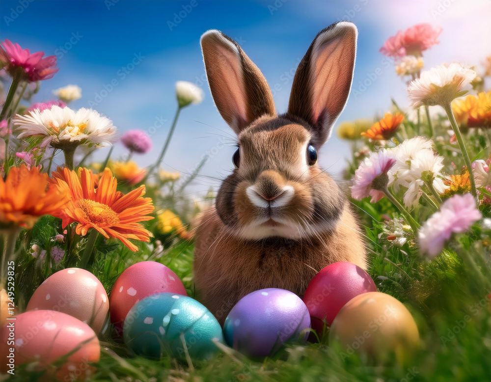 Fototapeta premium Osterhase versteckt bunte Eier in blühender Wiese