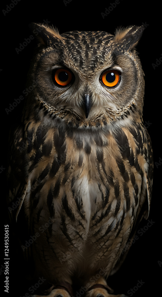 Fototapeta premium Majestic Owl Gaze: Intense Portrait of a Wise Bird of Prey, Glowing Orange Eyes Against Black, Birdwatching, Wildlife, Nature.