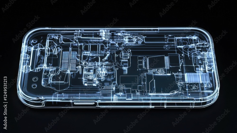 Detailed graphic representation of a device circuit board, translucent and glowing in a dark background. Detailed graphic representation of a device circuit board, translucent and glowing in a dark background.