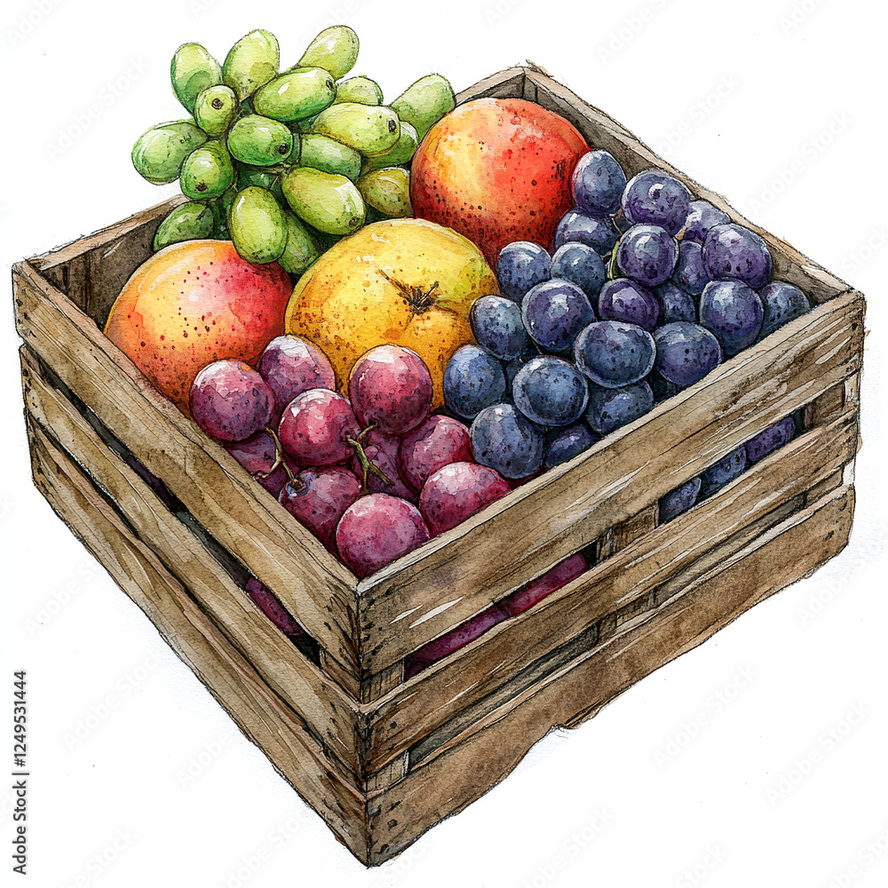 Vibrant watercolor illustration of fruits nestled in a wooden crate. Vibrant watercolor illustration of fruits nestled in a wooden crate.