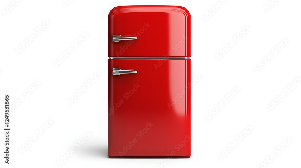 A vibrant red retro refrigerator with chrome handles and a sleek design, isolated on a white background. A vibrant red retro refrigerator with chrome handles and a sleek design, isolated on a white background.