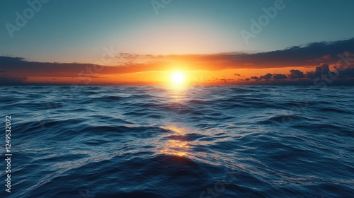 Serene sunset over tranquil ocean waves, showcasing vibrant colors and peaceful atmosphere photo