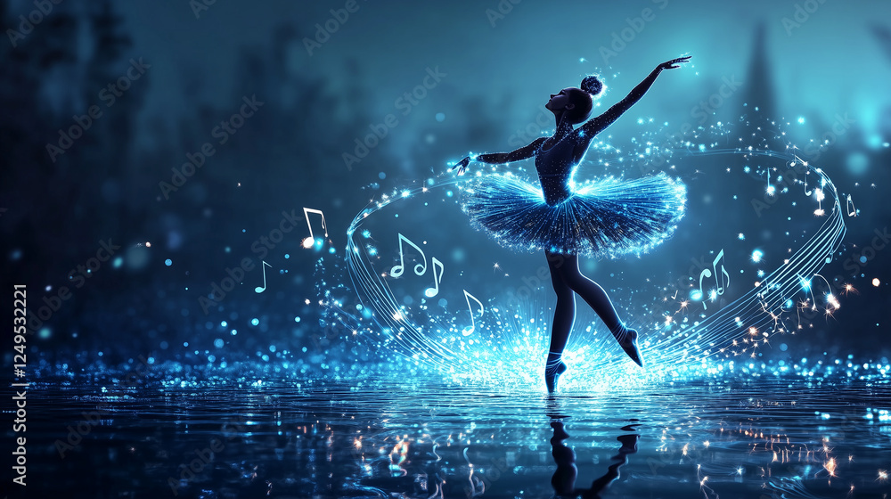 A ballerina dancing on water, leaving glowing ripples that form musical notes A ballerina dancing on water, leaving glowing ripples that form musical notes