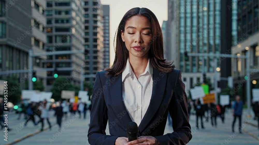 Protestors in Background of Reporter