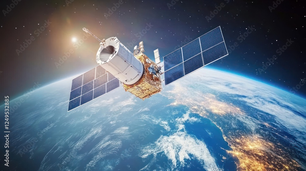 A futuristic satellite with extended solar panels floating above Earth, with a stunning cosmic nebula in the background. A futuristic satellite with extended solar panels floating above Earth, with a stunning cosmic nebula in the background.