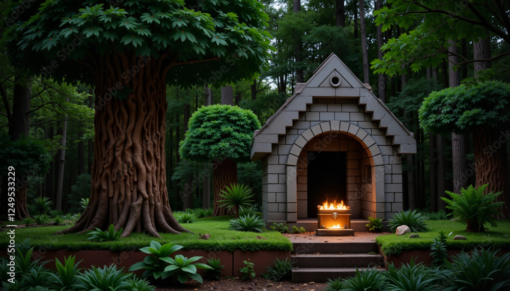 Obraz premium Mystical jungle temple glowing with treasure at twilight, adventure