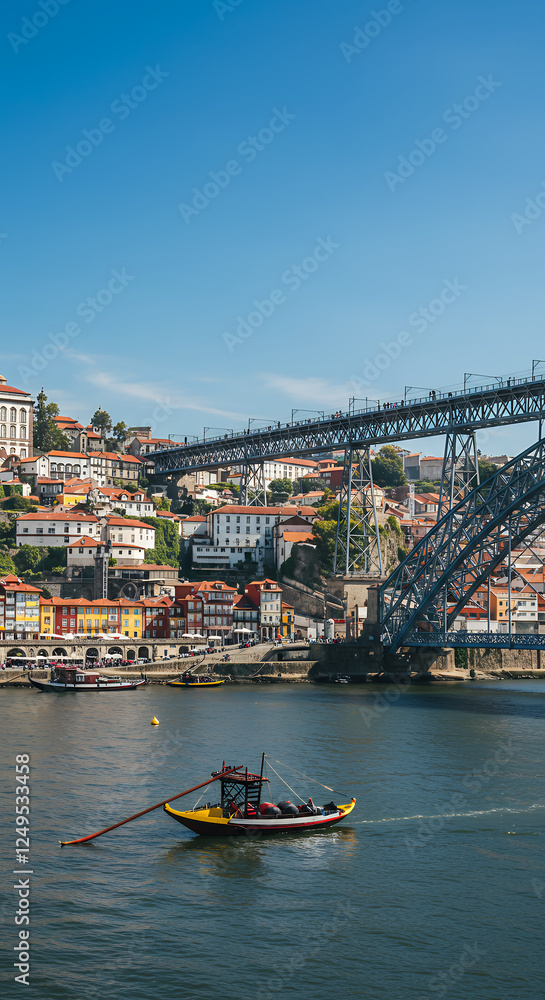 Obraz premium Porto's Charm: Douro River, Dom Lu?s I Bridge & Rabelo Boat Scene | Portugal's Iconic Cityscape