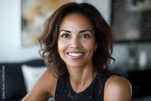 Free Download A smiling woman with wavy hair sits in a modern living room, exuding warmth and approachability. Concept Lifestyle Photography, Cozy Living Room, Warmth and Approachability, Natural Light Portraits - GFXLoad