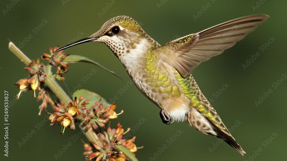 Fototapeta premium Juvenile ruby throated hummingbird feeding on a flower in ontario a stunning nature encounter