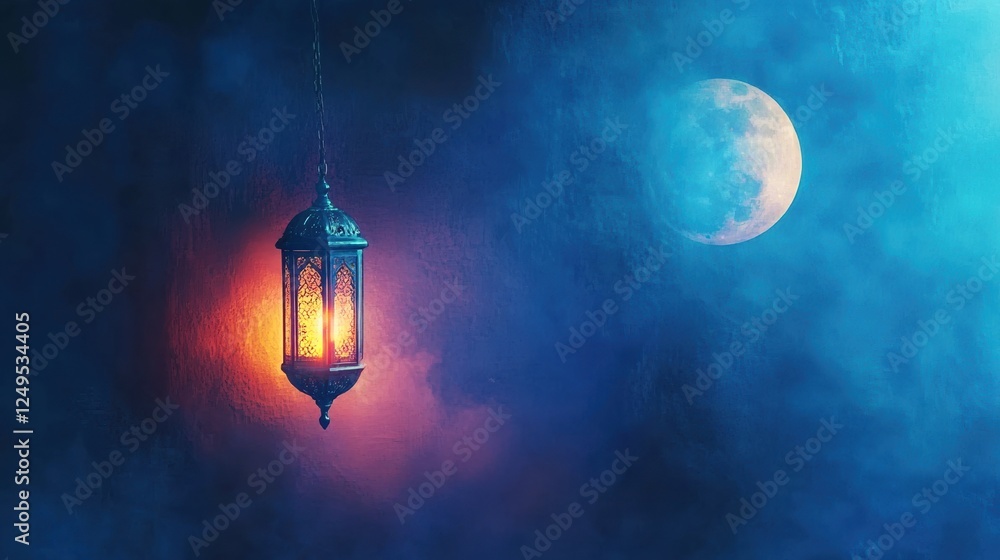 A beautiful Ramadan Kareem background featuring a glowing lantern, crescent moon, and starry night sky, symbolizing spirituality, faith, and blessings A beautiful Ramadan Kareem background featuring a glowing lantern, crescent moon, and starry night sky, symbolizing spirituality, faith, and blessings