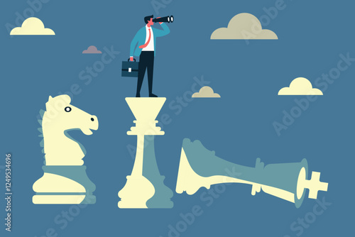 A businessman on a chess piece uses a telescope to anticipate future market trends and plan for long-term success.