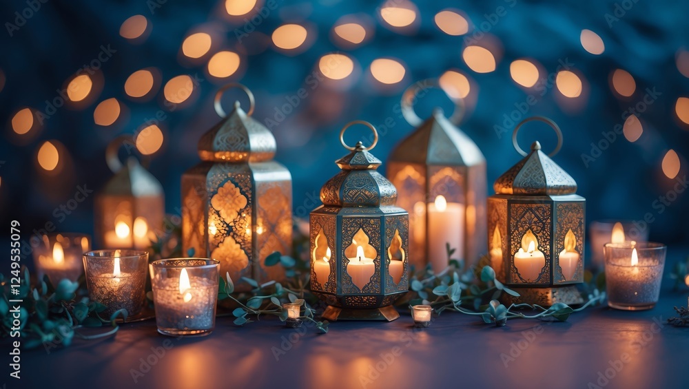 Obraz premium Beautifully designed lanterns illuminating a serene setting with warm candlelight and soft backgrounds