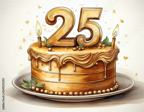 Illustration of decorated gold cake for birthday or anniversary party. Number 25, twenty-fifth birthday celebration photo