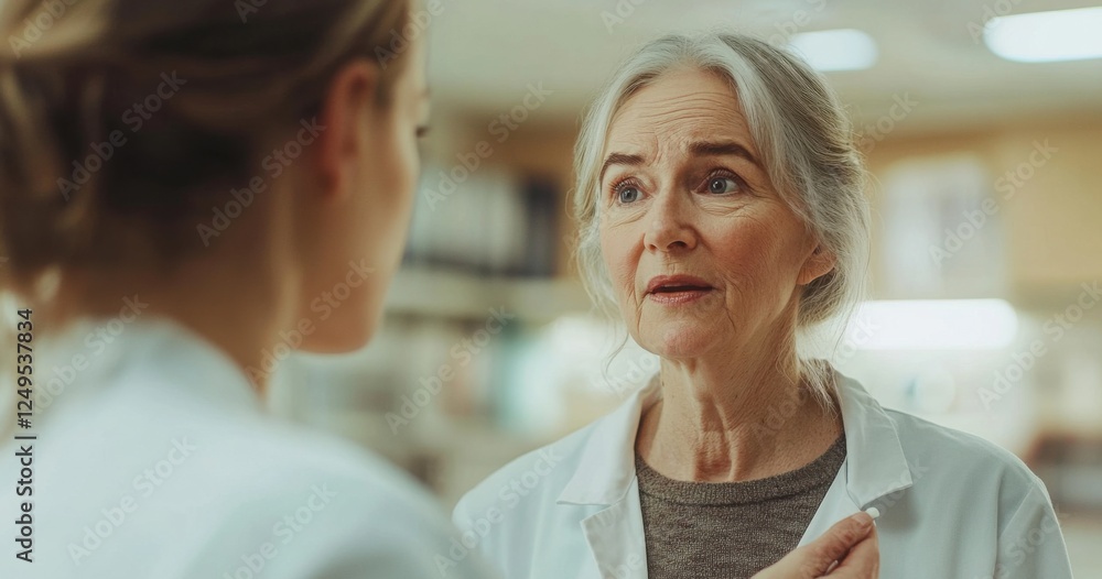 Obraz premium Doctor assisting an elderly woman during a medical consultation in a clinic