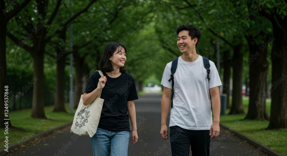 Young couple walking joyfully along tree-lined pathway in a serene park, enjoying nature together Young couple walking joyfully along tree-lined pathway in a serene park, enjoying nature together