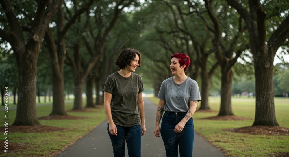 Two women joyfully walking together along a tree-lined path in a serene park setting