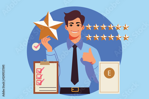 Professional achievement and workplace recognition concept. Smiling employee holding a star award with quality checklist, equality certificate, and five-star rating