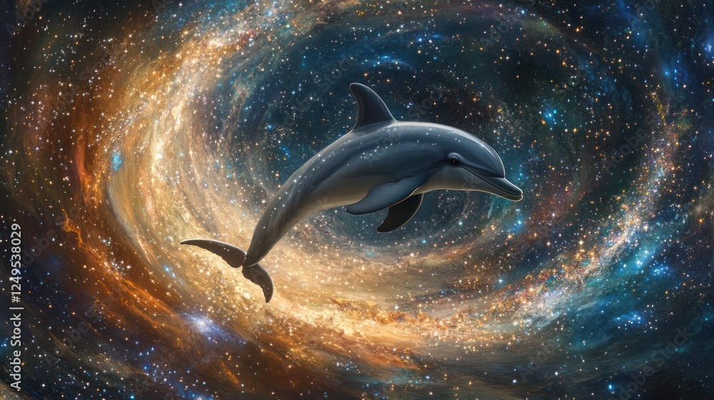 Fototapeta premium A majestic dolphin leaping through a portal of swirling galaxies, leaving behind a shimmering trail of stardust.