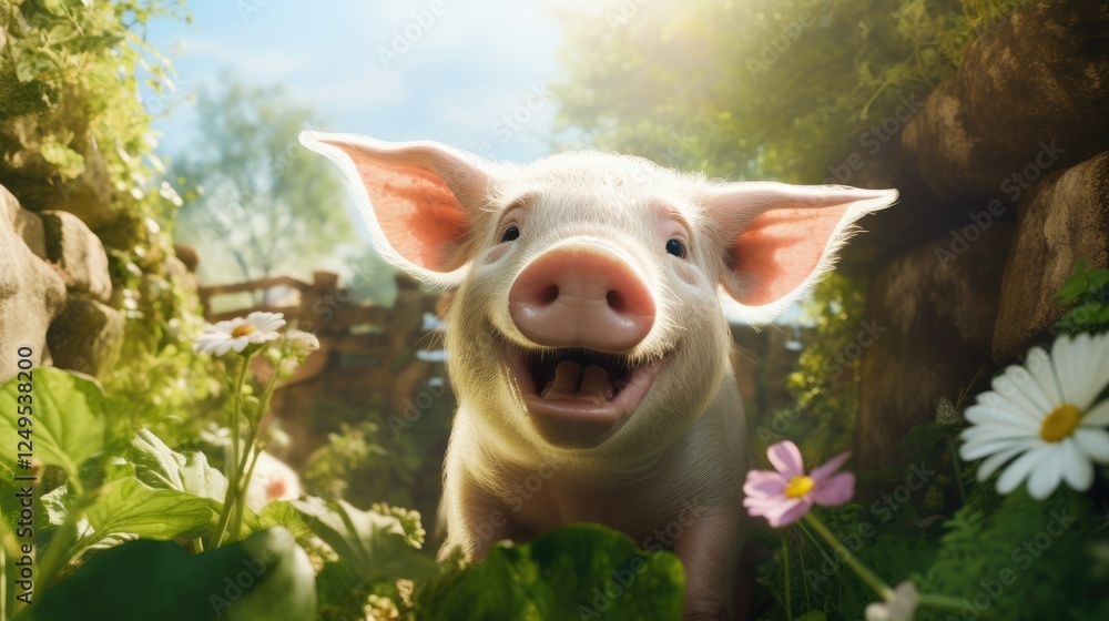 Cute pig takes a selfie in the garden. Cute pig takes a selfie in the garden.