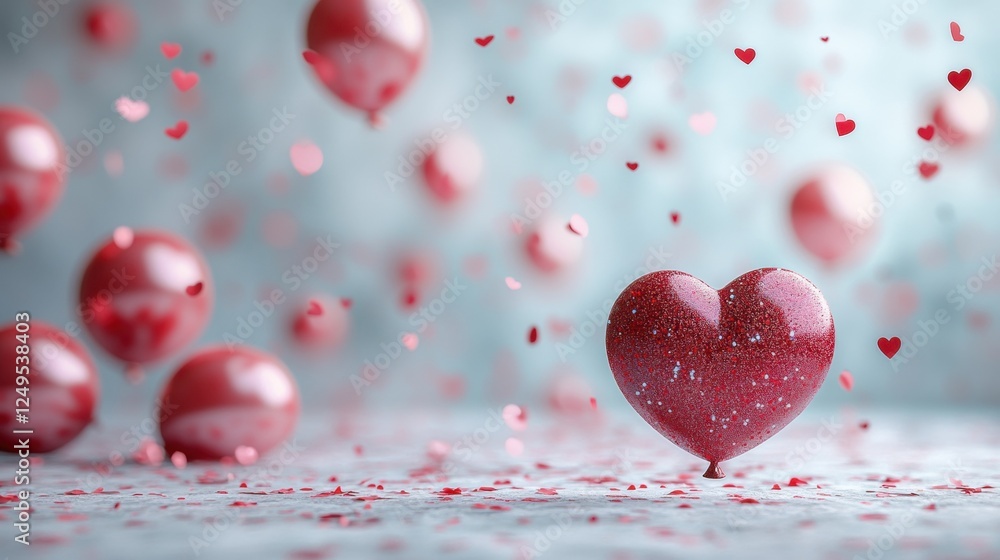 Heart-shaped balloon amidst floating red confetti and balloons for valentine's celebration Heart-shaped balloon amidst floating red confetti and balloons for valentine's celebration