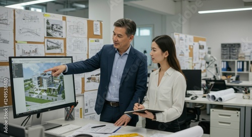 Professional architects discussing building designs in a modern office with project plans visible