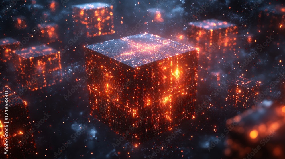 Glowing futuristic cubes amidst dark cosmic background in digital world Glowing futuristic cubes amidst dark cosmic background in digital world