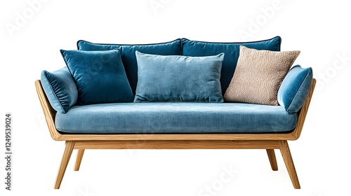 Elegant loveseat in blue velvet and natural wood, perfect for adding a touch of modern sophistication. photo