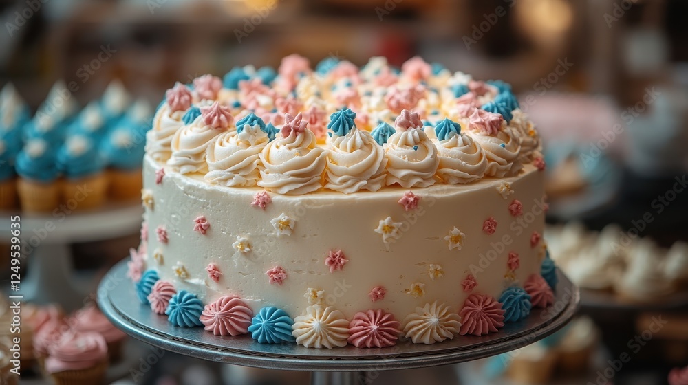 A beautifully decorated cake with pastel frosting and decorative elements. A beautifully decorated cake with pastel frosting and decorative elements.