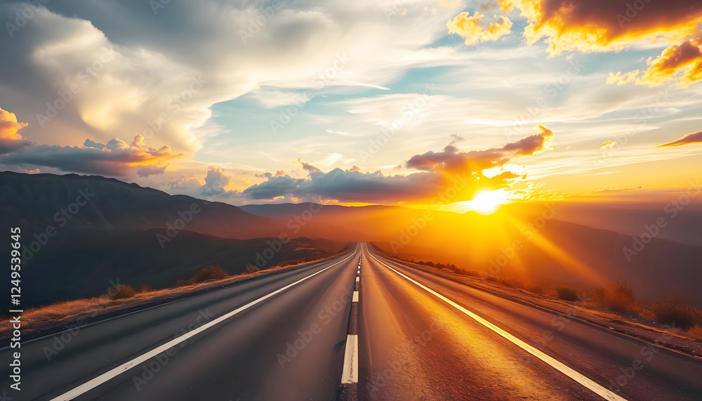 Naklejka premium Empty highway with a scenic sunset on the horizon, symbolizing adventure, travel, freedom, and exploration in the open road and natural beauty