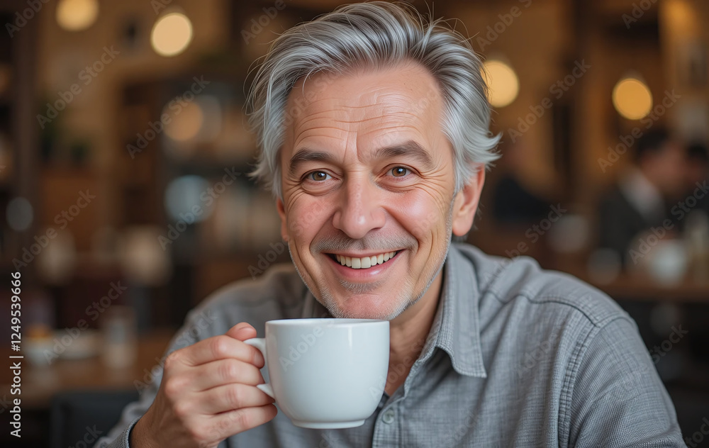 A happy elderly man with gray hair smiling while holding a cup of coffee, cozy atmosphere A happy elderly man with gray hair smiling while holding a cup of coffee, cozy atmosphere