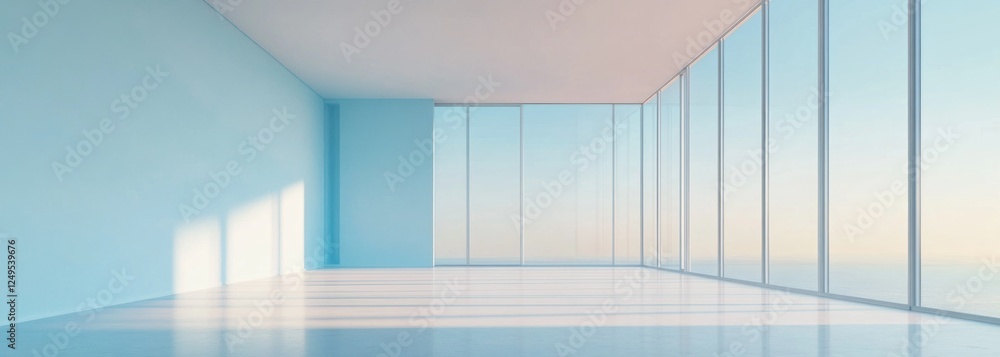 Fototapeta premium Empty modern room with large windows and sunrise view.