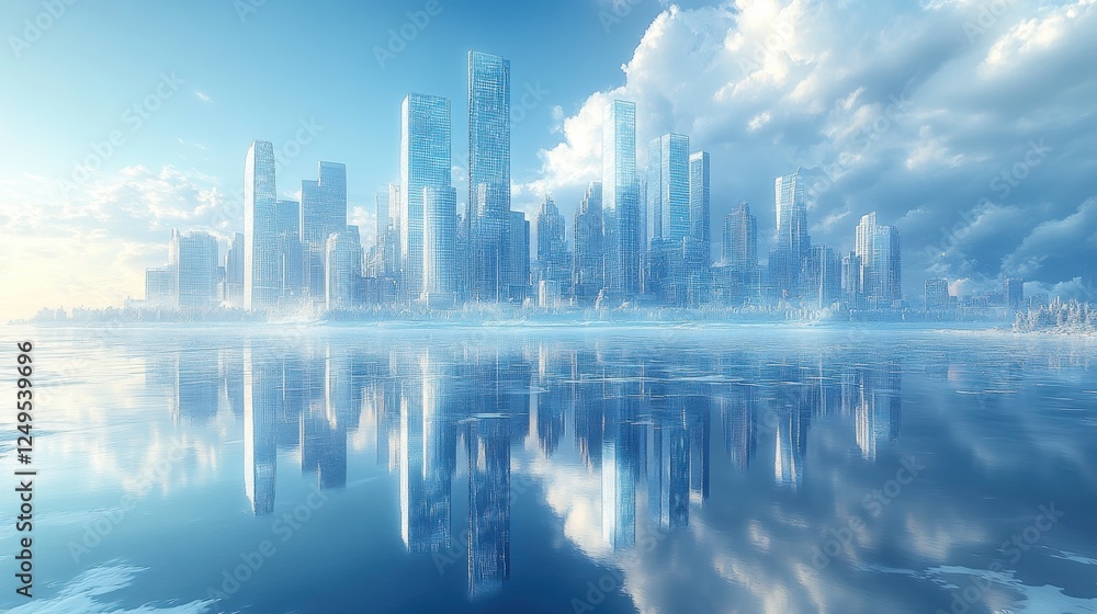 Futuristic skyline with skyscrapers reflecting in water under a dramatic cloudy sky Futuristic skyline with skyscrapers reflecting in water under a dramatic cloudy sky