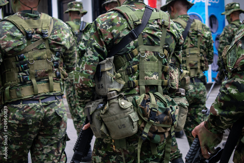 Colombian army patrolling the streets, military forces on urban patrol in Colombia, soldiers securing the streets in Colombia, army troops conducting street patrol, Colombian military presence in