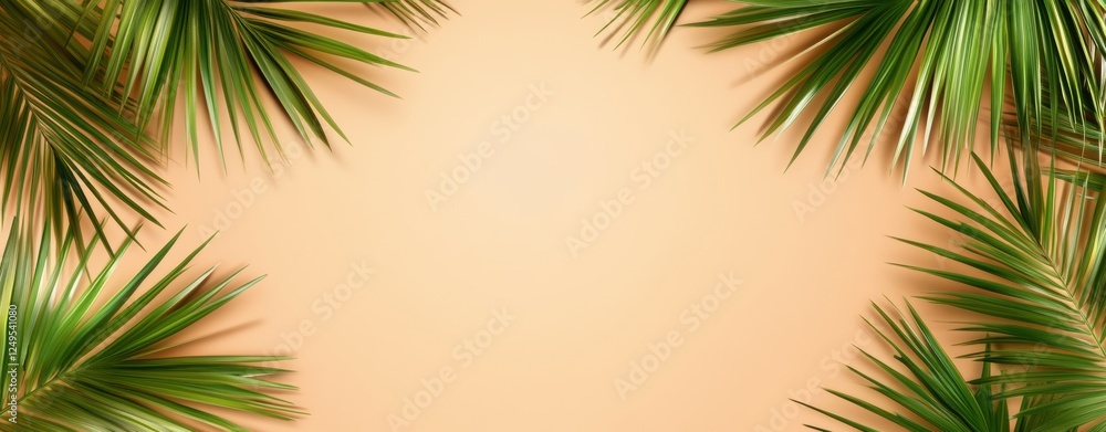 Tropical leaves frame. Green color tropics foliage on Peach fuzz solid background. Empty space in the center for product presentation. Flat lay, top view, copy space. Summer concept, minimalists style Tropical leaves frame. Green color tropics foliage on Peach fuzz solid background. Empty space in the center for product presentation. Flat lay, top view, copy space. Summer concept, minimalists style