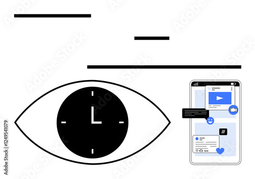 Eye with clock as pupil next to a smartphone screen displaying social media posts and icons. Ideal for themes of focus, time management, digital communication, productivity, screen time, technology