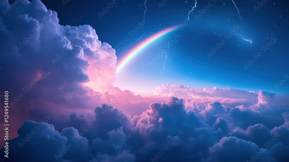 A midnight blue sky with a soft pastel rainbow glowing over thick storm clouds, illuminated by hidden lightning flashes A midnight blue sky with a soft pastel rainbow glowing over thick storm clouds, illuminated by hidden lightning flashes