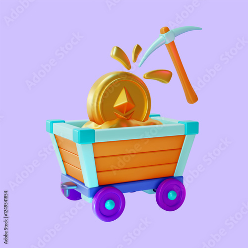 3d Coin Crypto Currency Mining Cartoon Design Style. Vector illustration of Pickaxe, Mine Trolley and Cryptocurrency