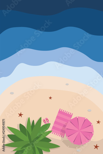 Hello summer banner. Top view island beach background with umbrella. Summer vacation poster