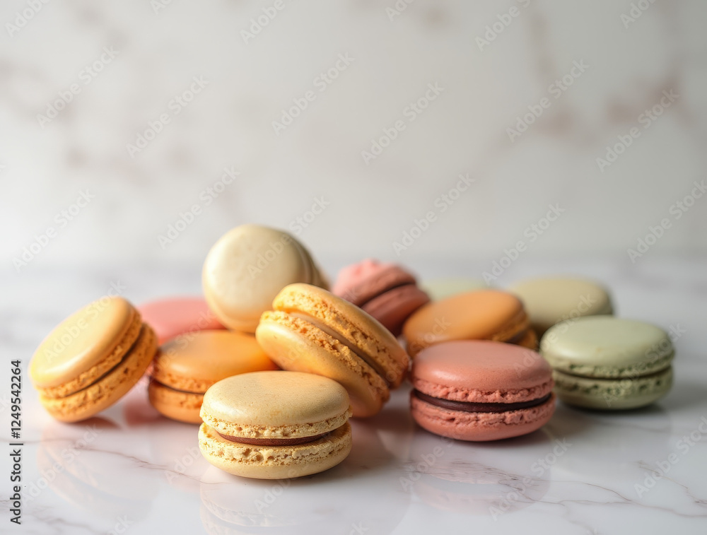 Pile of Colorful French Macarons on Marble Surface Pile of Colorful French Macarons on Marble Surface