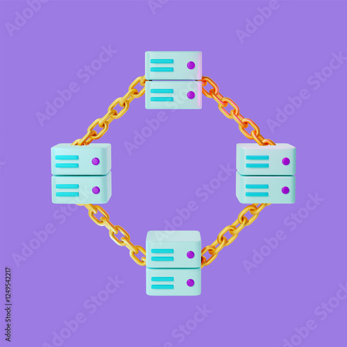 3d Blockchain Technology Cartoon Design Style Crypto Currency Concept Connected Cubes with Chain. Vector illustration of Transactional Data Security