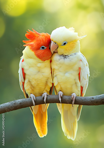 Beautiful Pair of Lovebirds with Vibrant Red and Yellow Feathers Perched Closely on a Branch - Symbol of Love and Affection

